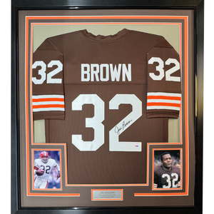 Framed Autographed/Signed Jim Brown 35x39 Cleveland Football Brown Jersey PSA COA