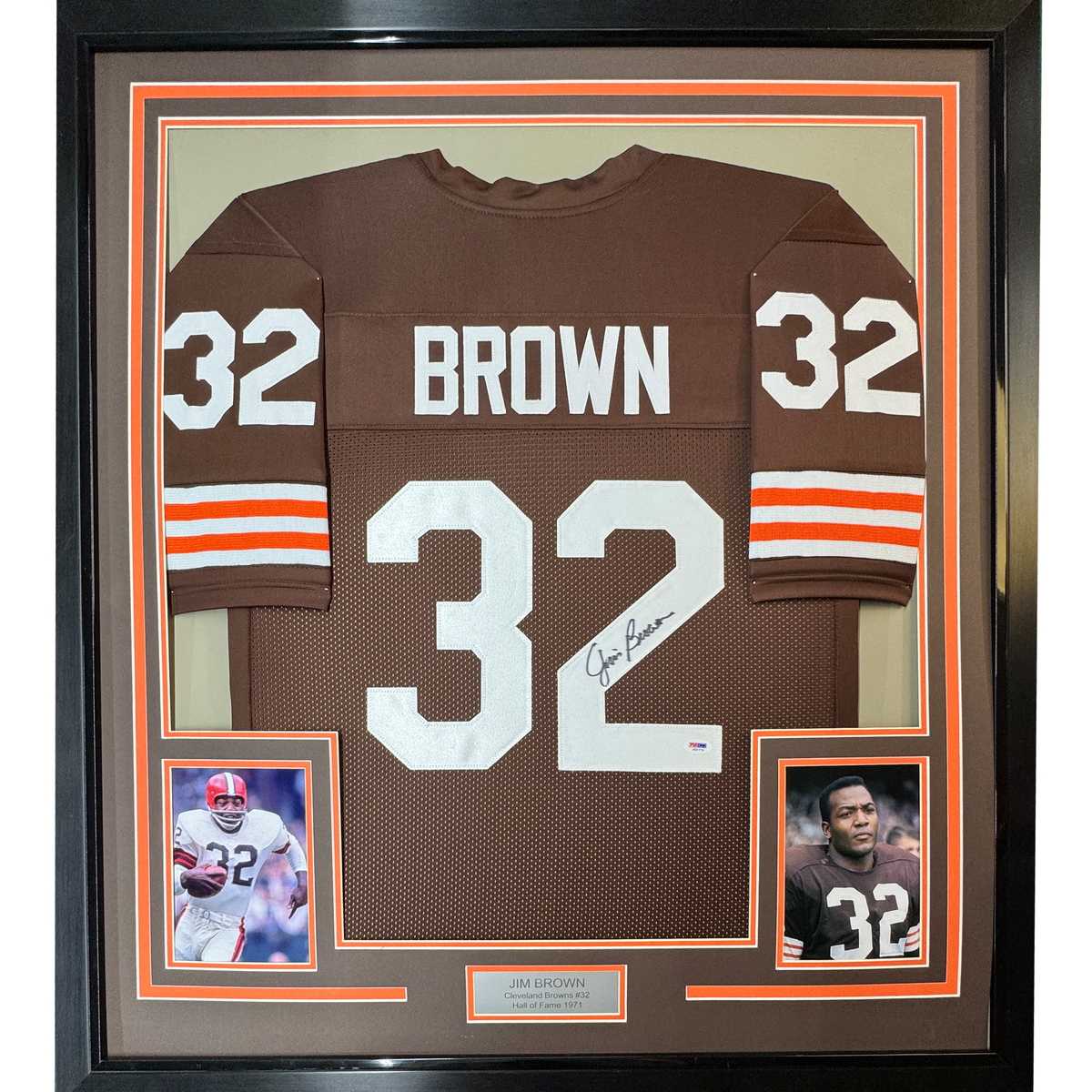Framed Autographed/Signed Jim Brown 35x39 Cleveland Football Brown Jersey PSA COA