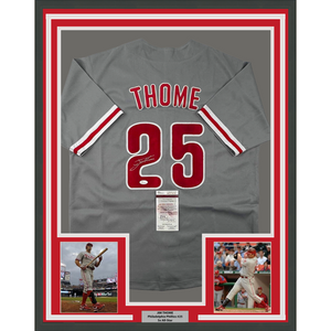 Framed Autographed/Signed Jim Thome 35x39 Philadelphia Grey Baseball Jersey JSA COA