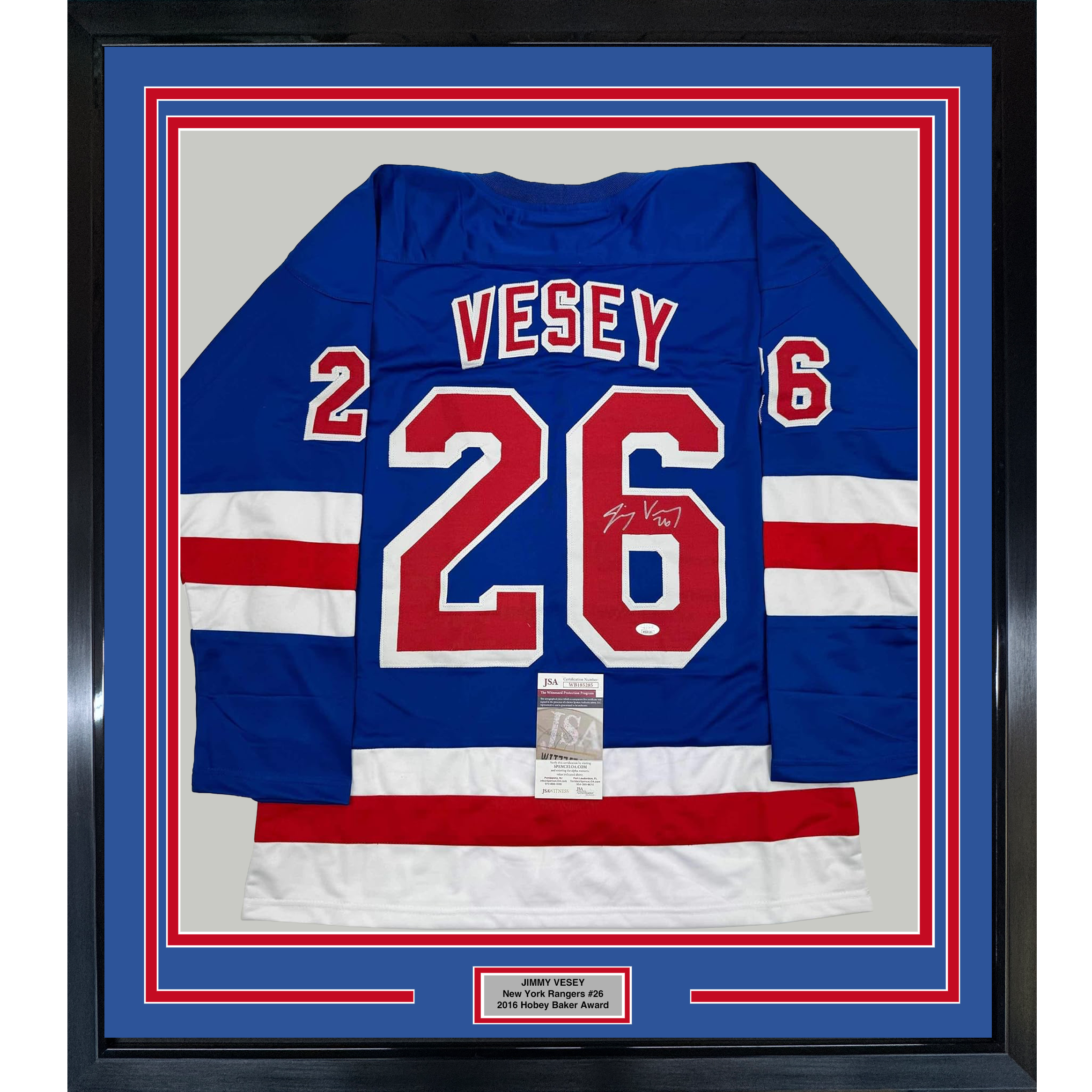 Framed Autographed/Signed Jimmy Vesey 35x39 New York Blue Hockey Jersey JSA COA