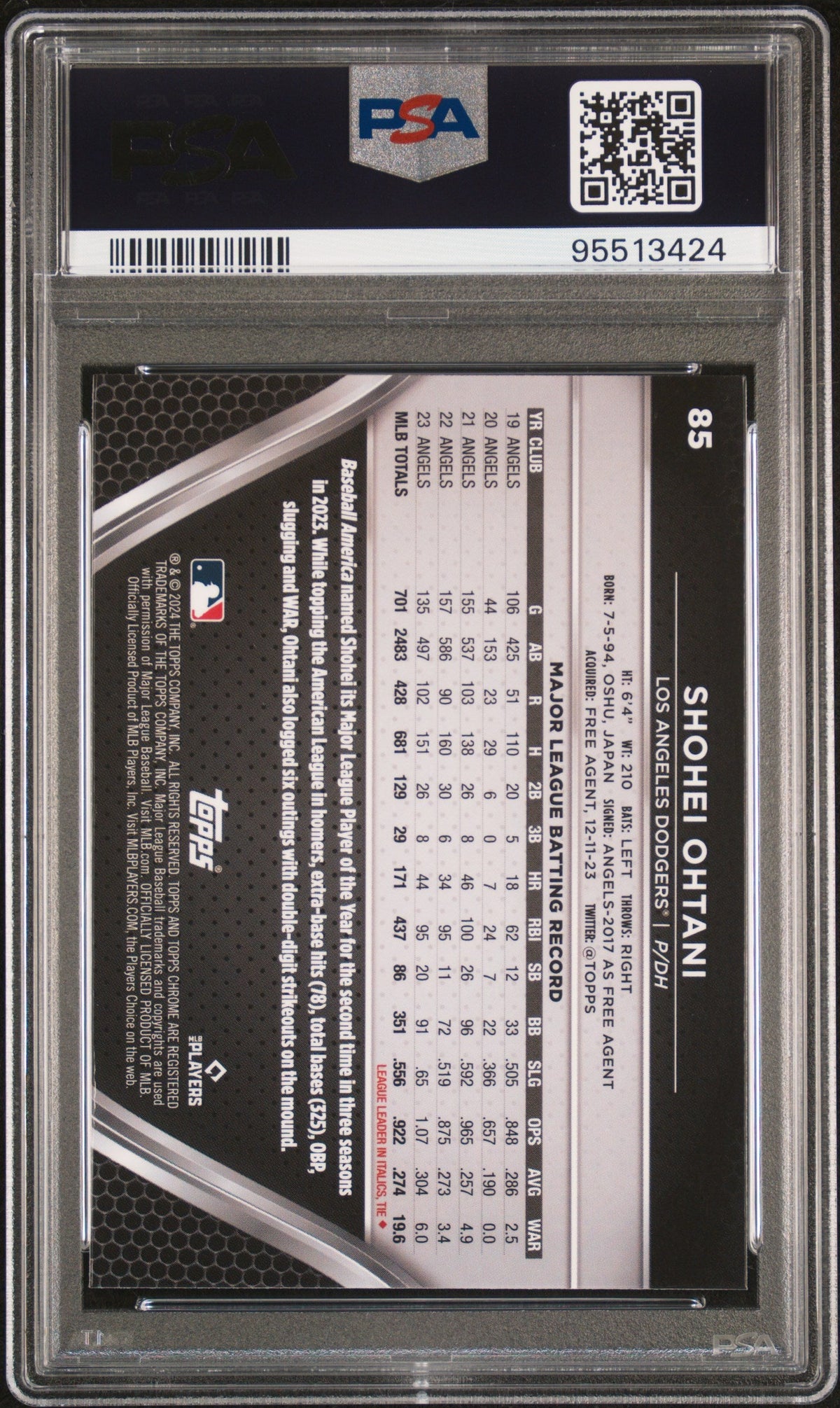 Graded 2024 Topps Chrome Black Shohei Ohtani #85 Baseball Card PSA 10 Gem Mint