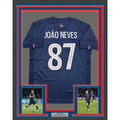 Framed Autographed/Signed Joao Neves 35x39 PSG Paris Saint Germain Blue Soccer Futbol Jersey Beckett BAS COA