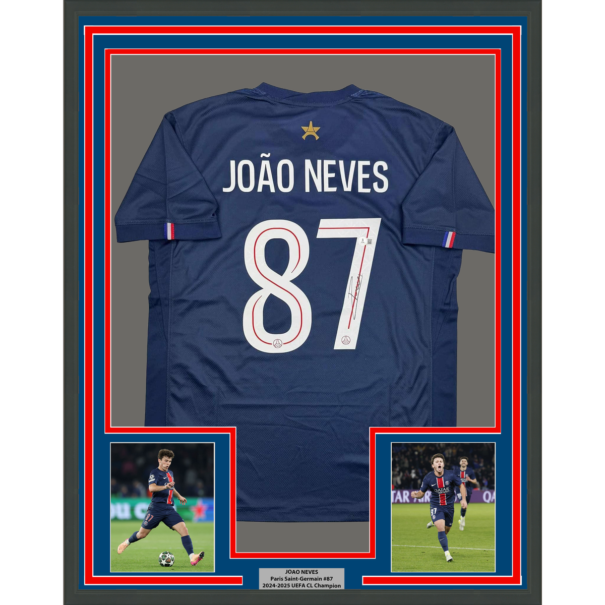 Framed Autographed/Signed Joao Neves 35x39 PSG Paris Saint Germain Blue Soccer Futbol Jersey Beckett BAS COA