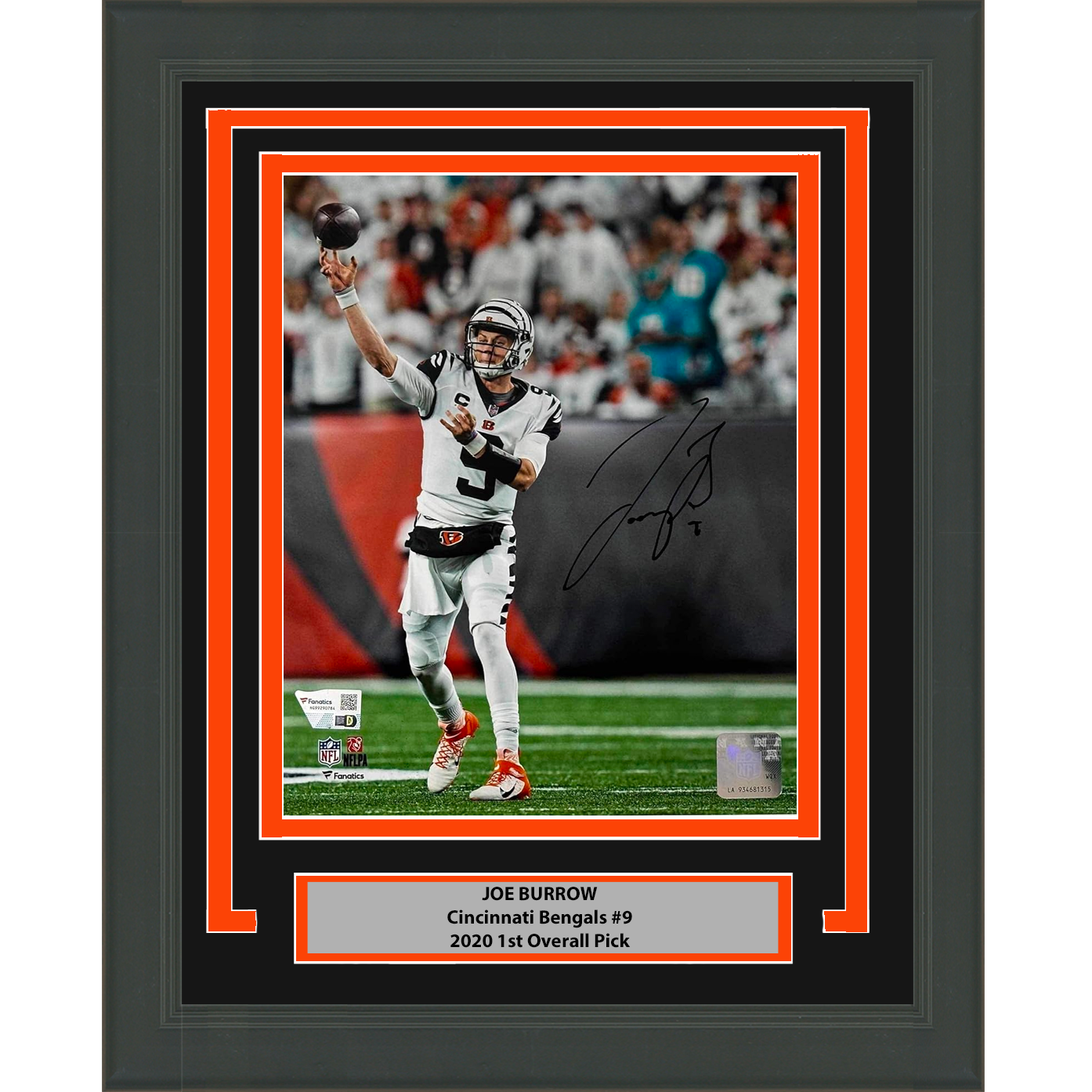 Framed Autographed/Signed Joe Burrow Cincinnati Bengals 8x10 Football Photo Fanatics COA #2