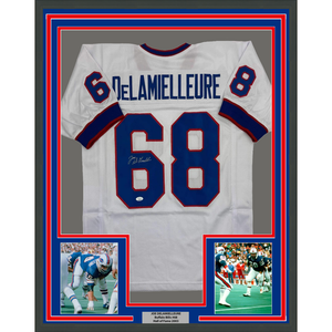 Framed Autographed/Signed Joe DeLamielleure 35x39 Buffalo White Football Jersey JSA COA