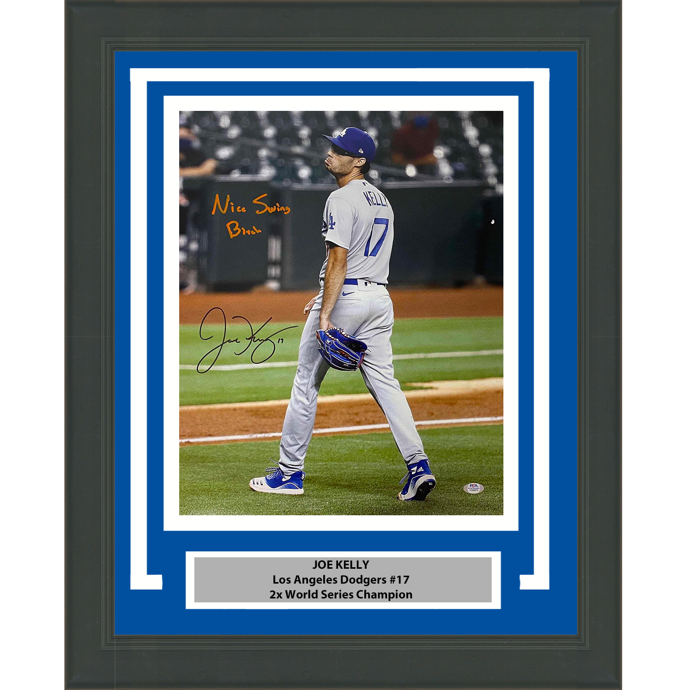 Framed Autographed/Signed Joe Kelly Inscribed Nice Swing Los Angeles LA Dodgers 16x20 Baseball Photo PSA/DNA COA