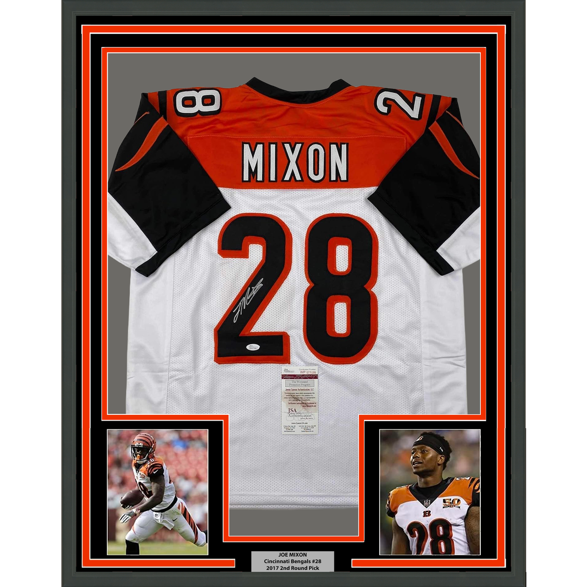 Framed Autographed/Signed Joe Mixon 35x39 Cincinnati White Football Jersey JSA COA