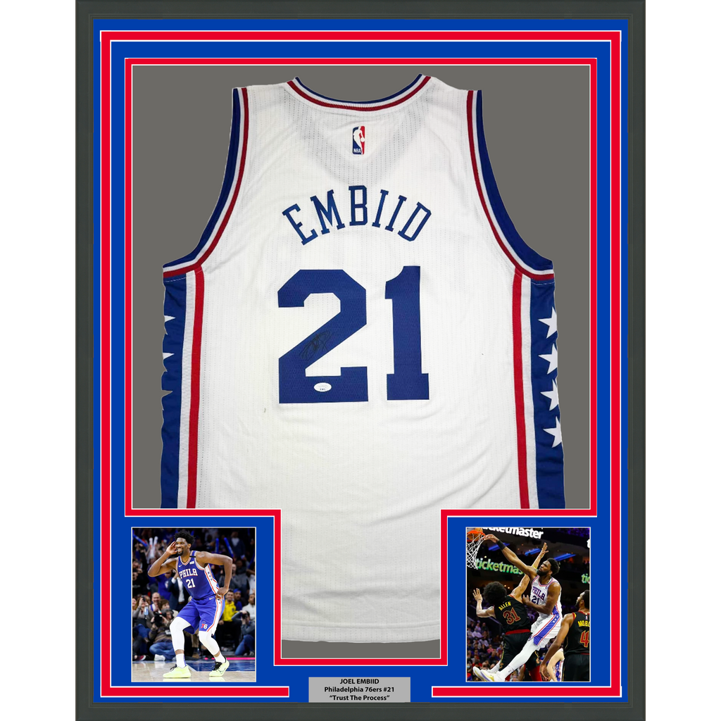 Framed Autographed/Signed Joel Embiid 35x39 Philadelphia White Basketball Jersey JSA COA/LOA