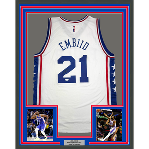 Framed Autographed/Signed Joel Embiid 35x39 Philadelphia White Basketball Jersey JSA COA/LOA