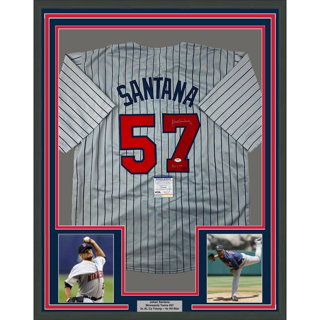 Framed Autographed/Signed Johan Santana 35x39 Minnesota Grey Pinstripe Baseball Jersey PSA/DNA COA