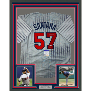 Framed Autographed/Signed Johan Santana 35x39 Minnesota Grey Pinstripe Baseball Jersey PSA/DNA COA