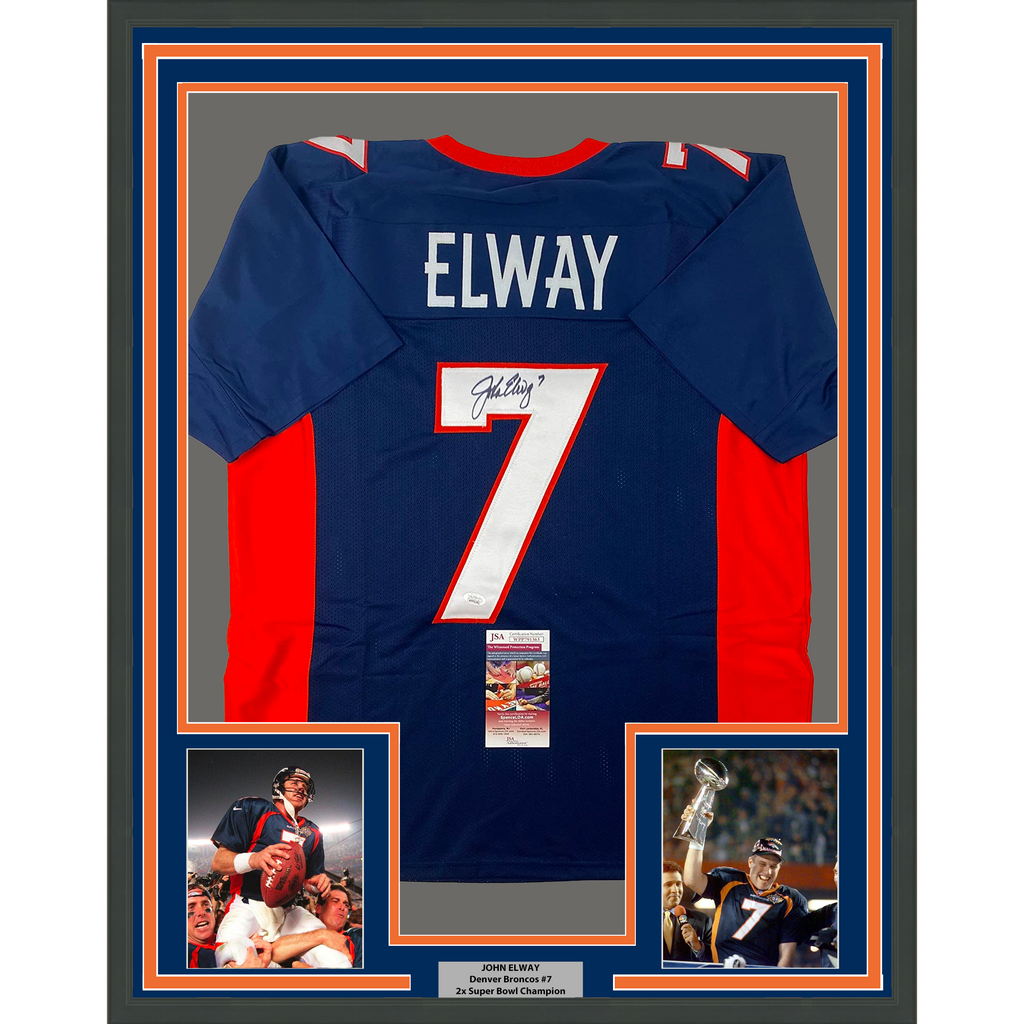 Framed Autographed/Signed John Elway 35x39 Denver Blue Football Jersey JSA COA