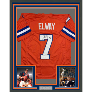Framed Autographed/Signed John Elway 35x39 Denver Orange Retro Football Jersey JSA COA