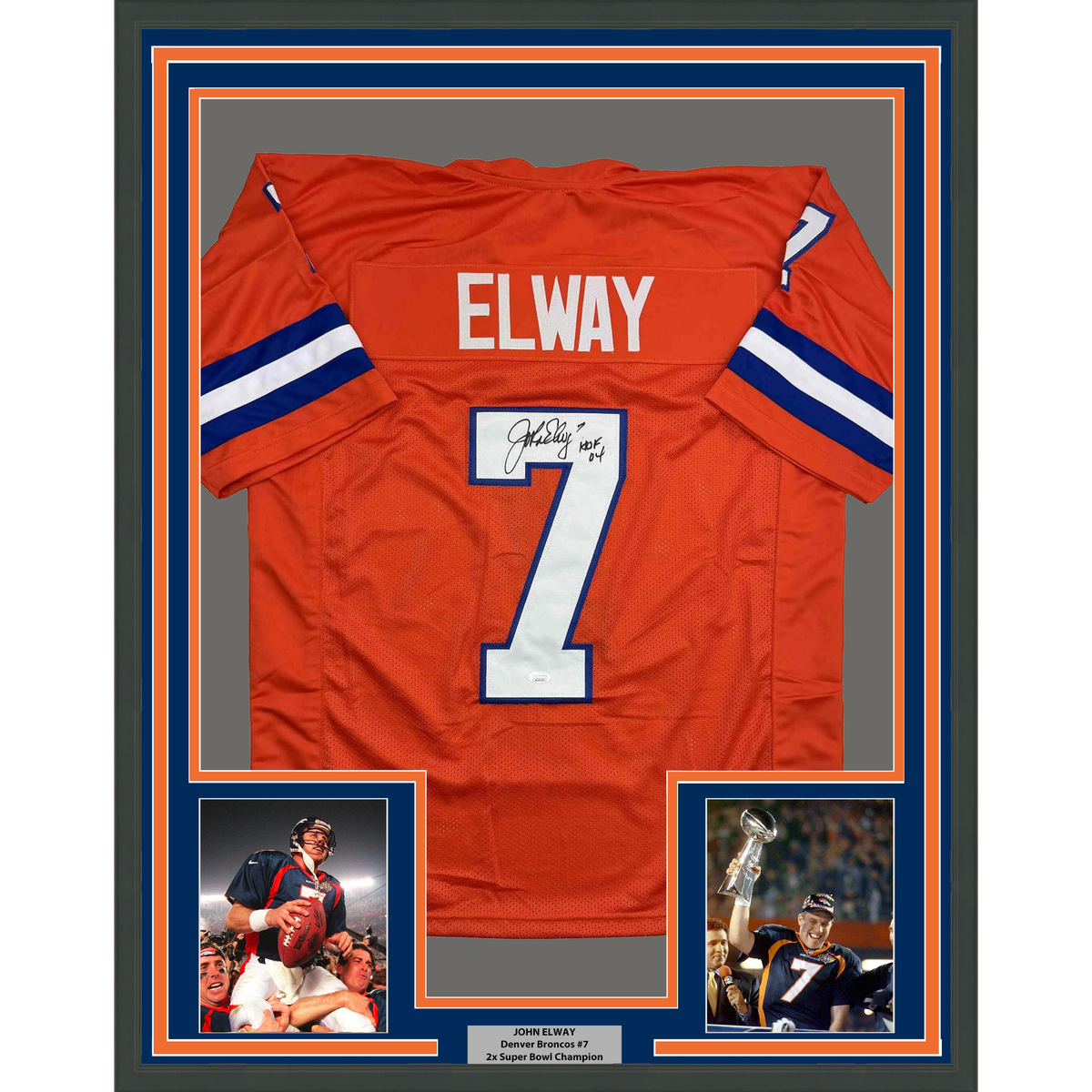Framed Autographed/Signed John Elway 35x39 Denver Orange Retro Football Jersey JSA COA
