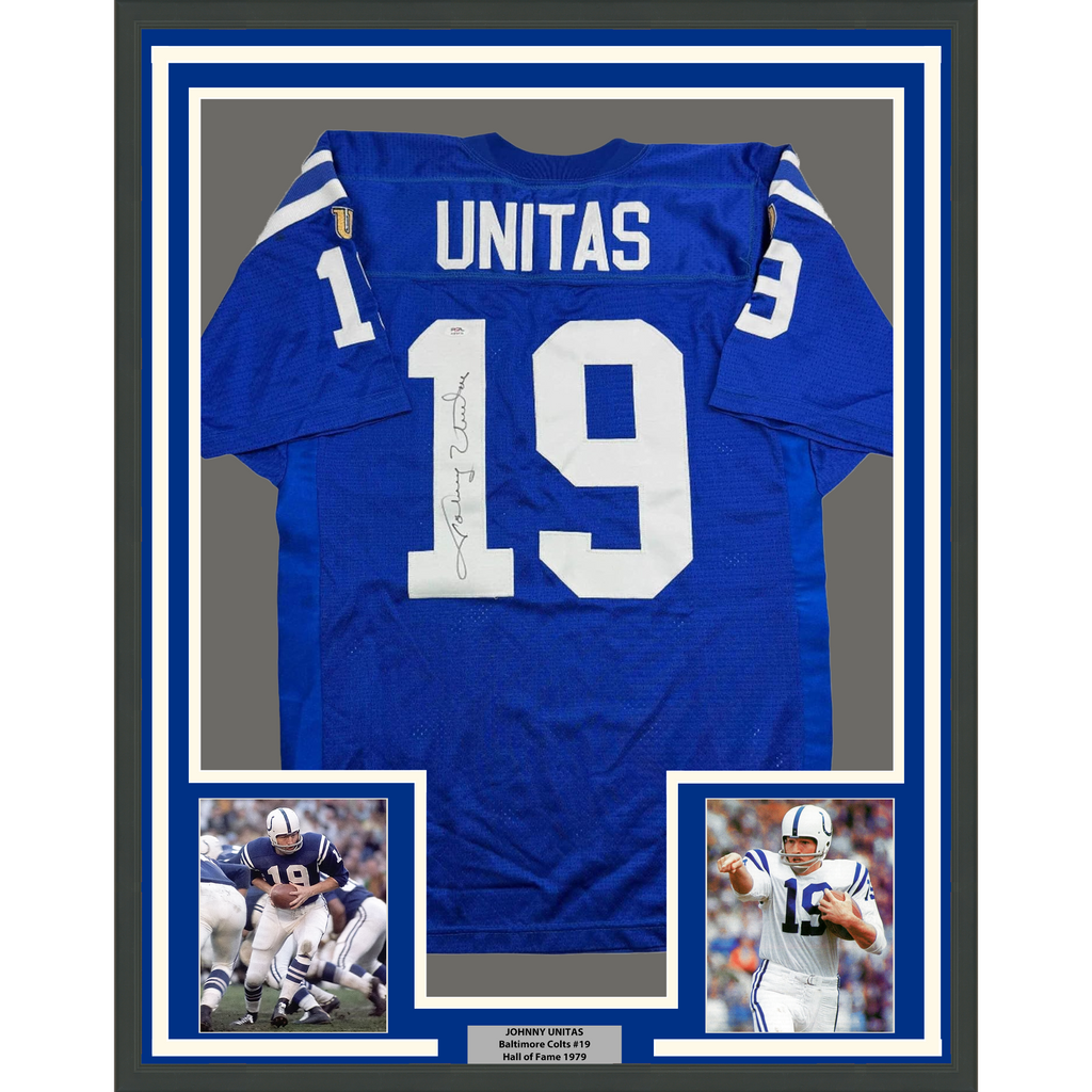 Framed Autographed/Signed Johnny Unitas 35x39 Indianapolis Blue Football Jersey PSA COA