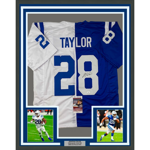 Framed Autographed/Signed Jonathan Taylor 35x39 Indianapolis Split Football Jersey JSA COA