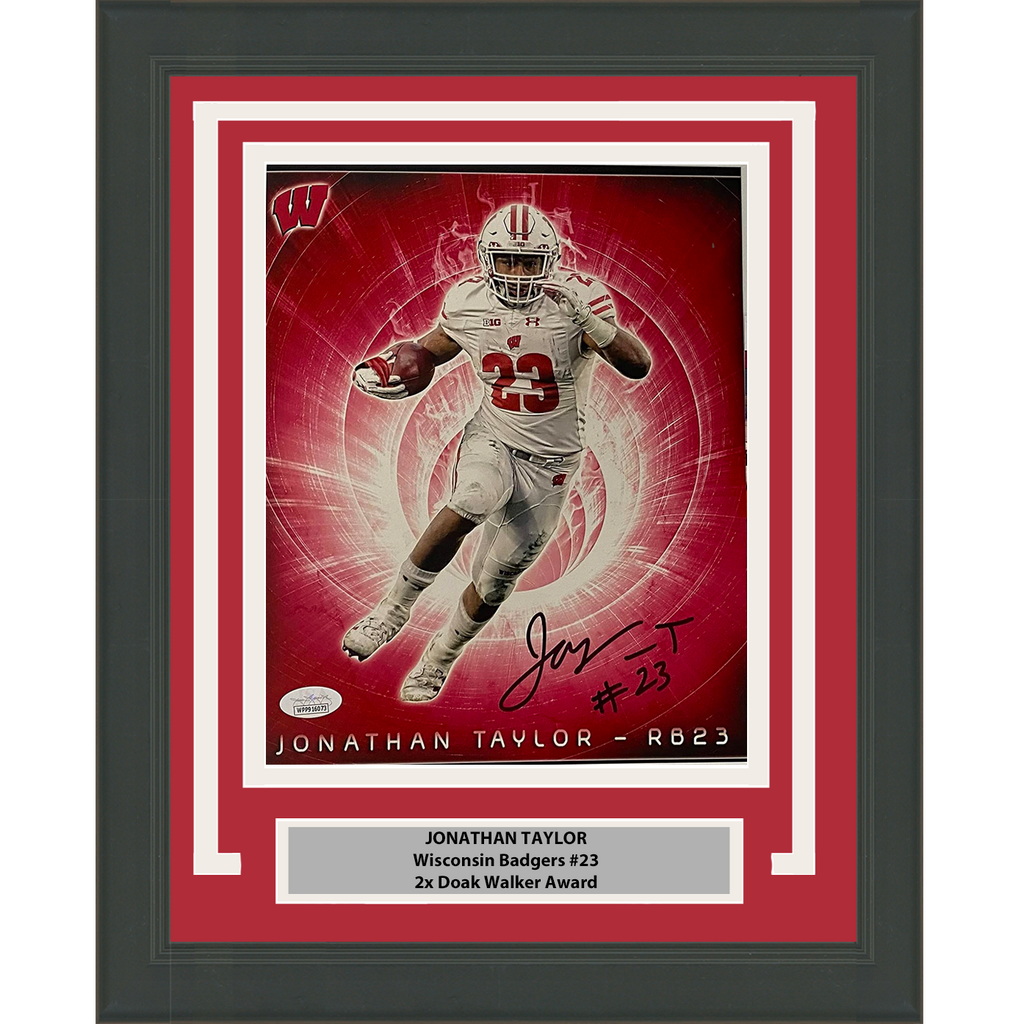 Framed Autographed/Signed Jonathan Taylor Wisconsin Badgers 8x10 College Football Photo JSA COA #9