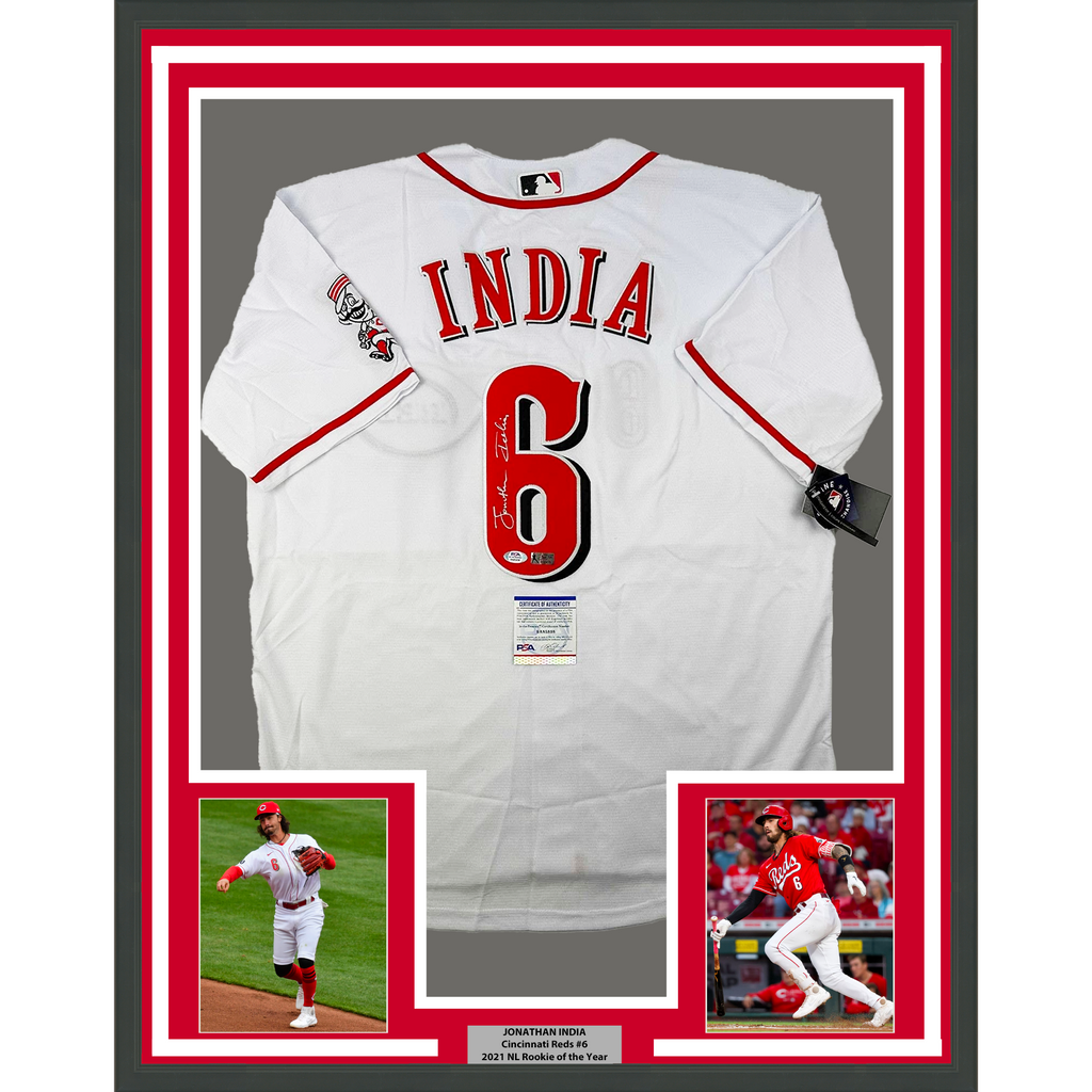 Framed Autographed/Signed Jonathan India 35x39 Cincinnati White Baseball Jersey JSA COA