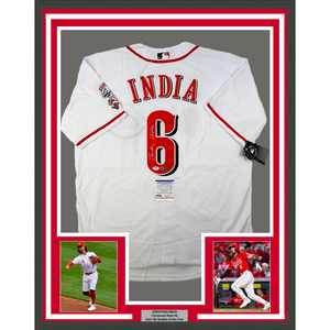 Framed Autographed/Signed Jonathan India 35x39 Cincinnati White Baseball Jersey JSA COA