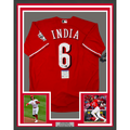 Framed Autographed/Signed Jonathan India 35x39 2021 NL ROY Cincinnati Red Baseball Jersey JSA COA