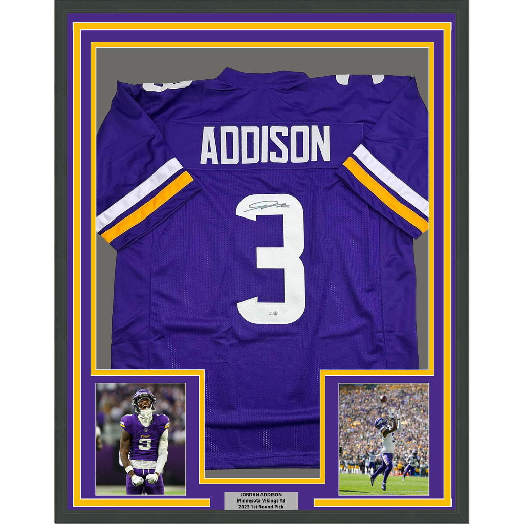 Framed Autographed/Signed Jordan Addison 35x39 Minnesota Purple Football Jersey JSA COA