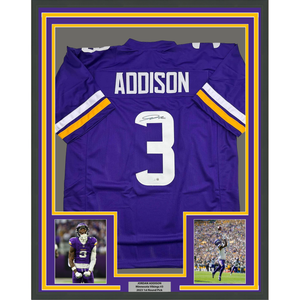 Framed Autographed/Signed Jordan Addison 35x39 Minnesota Purple Football Jersey JSA COA
