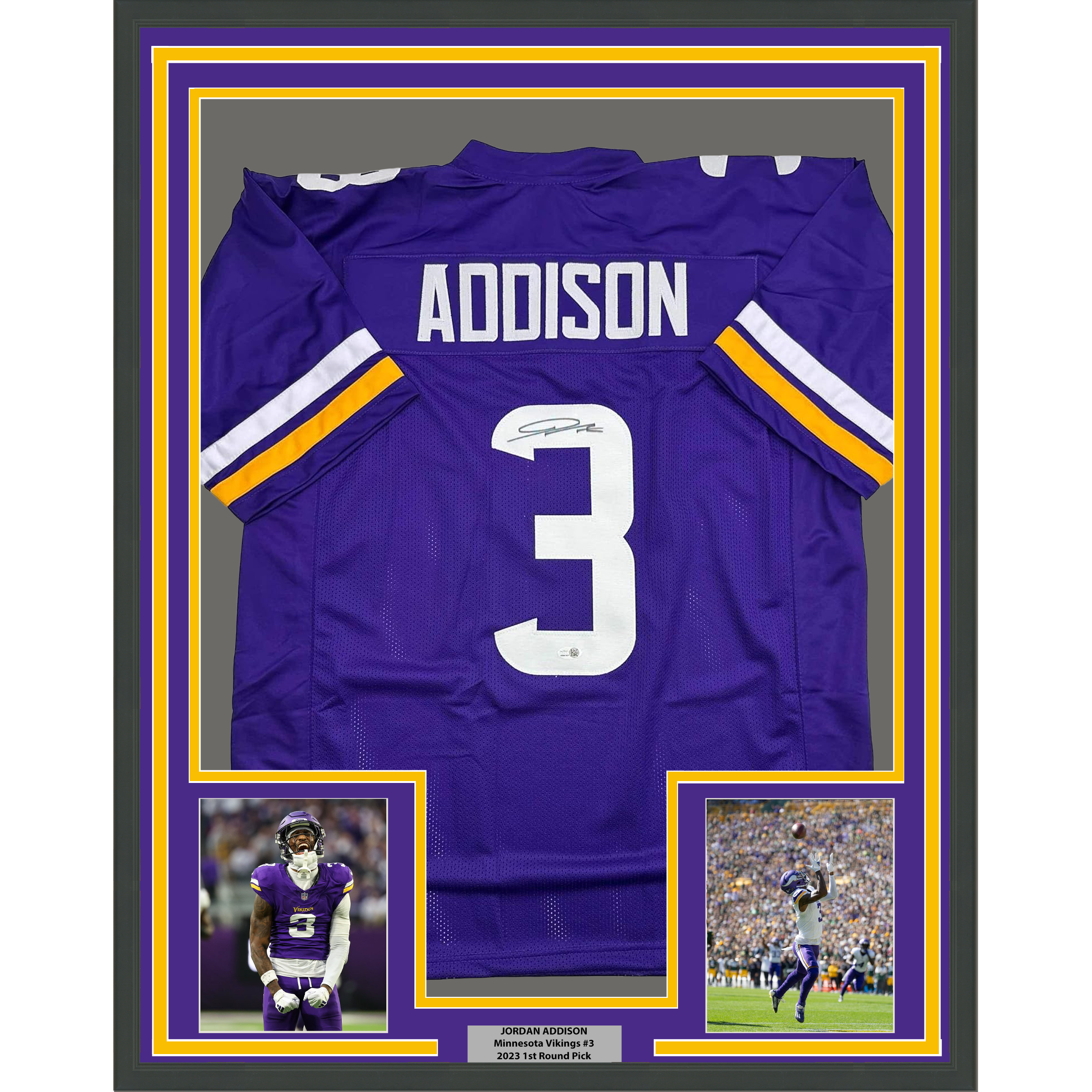 Framed Autographed/Signed Jordan Addison 35x39 Minnesota Purple Football Jersey JSA COA