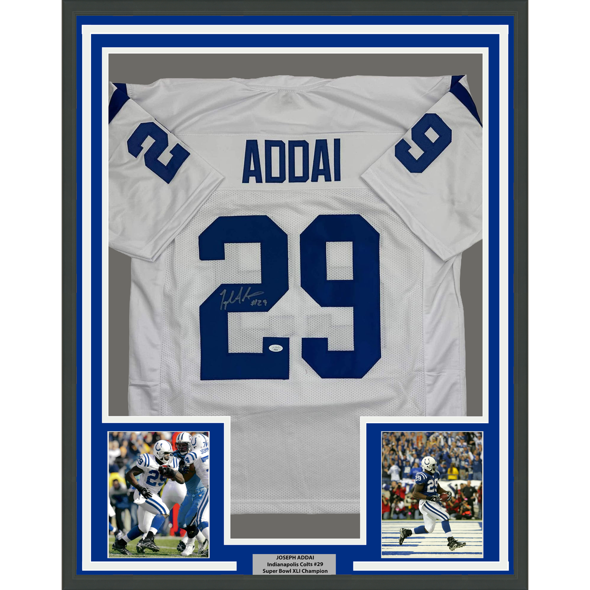 Framed Autographed/Signed Joseph Addai 35x39 Indianapolis White Football Jersey JSA COA
