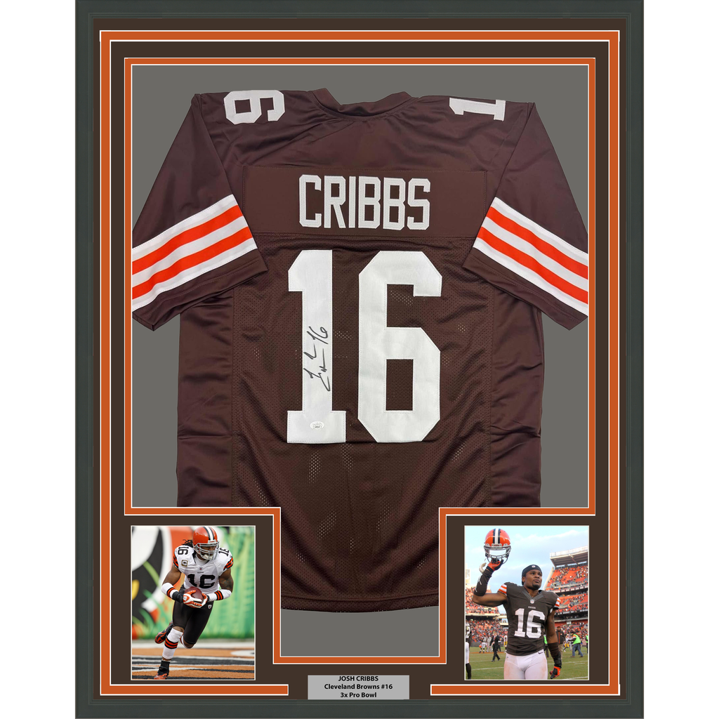 Framed Autographed/Signed Josh Cribbs 35x39 Cleveland Football Brown Jersey JSA COA