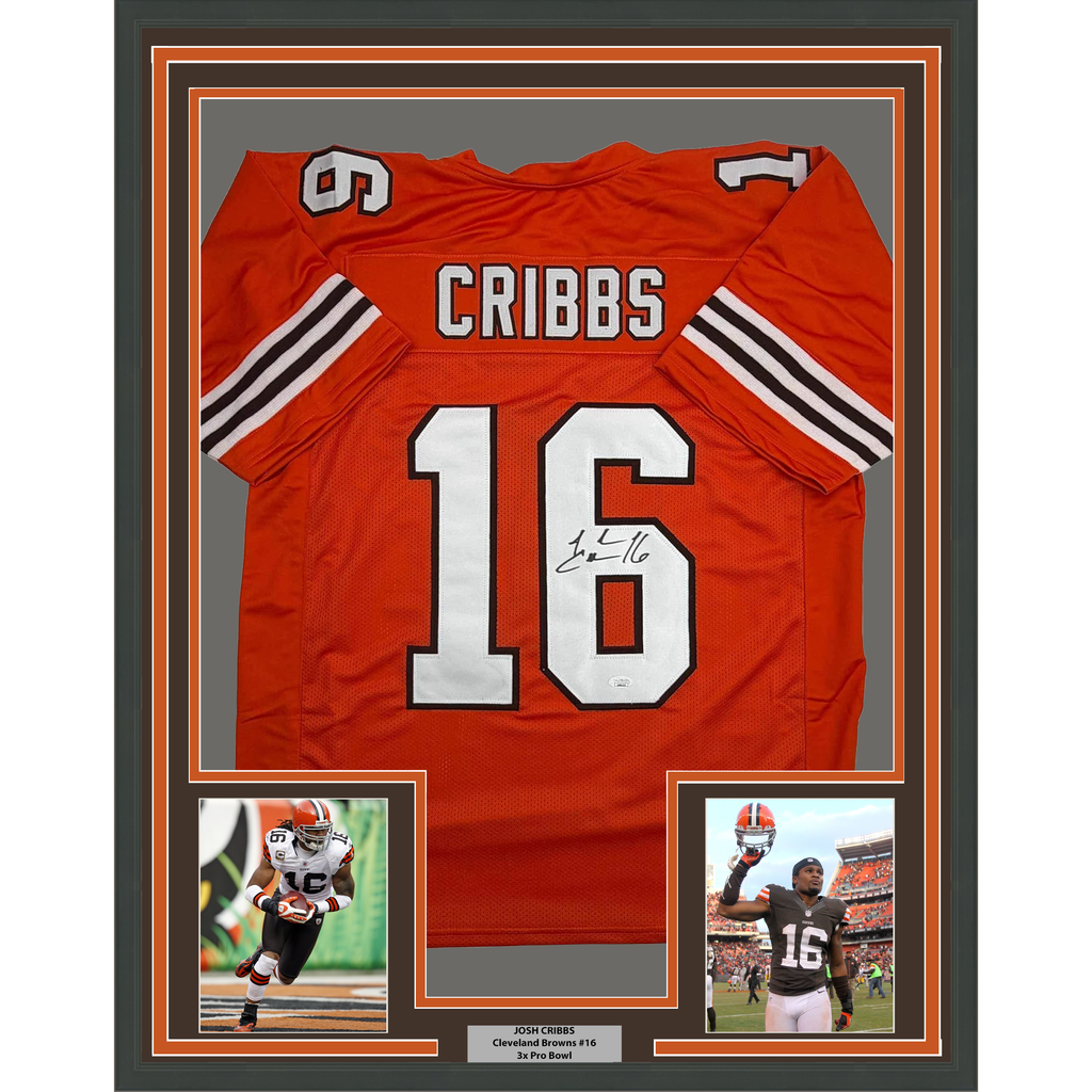 Framed Autographed/Signed Josh Cribbs 35x39 Cleveland Football Orange Jersey JSA COA