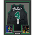 Framed Autographed/Signed Jrue Holiday 35x39 Boston Black Basketball Jersey JSA COA