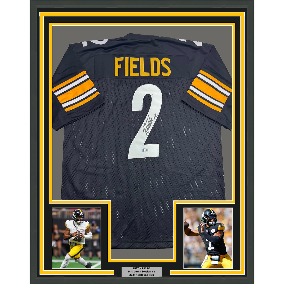 Framed Autographed/Signed Justin Fields 35x39 Pittsburgh Black Football Jersey Beckett BAS COA
