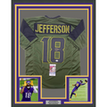 Framed Autographed/Signed Justin Jefferson 35x39 Green Salute To Service Football Jersey JSA COA