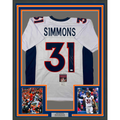 Framed Autographed/Signed Justin Simmons 35x39 Denver White Football Jersey JSA COA