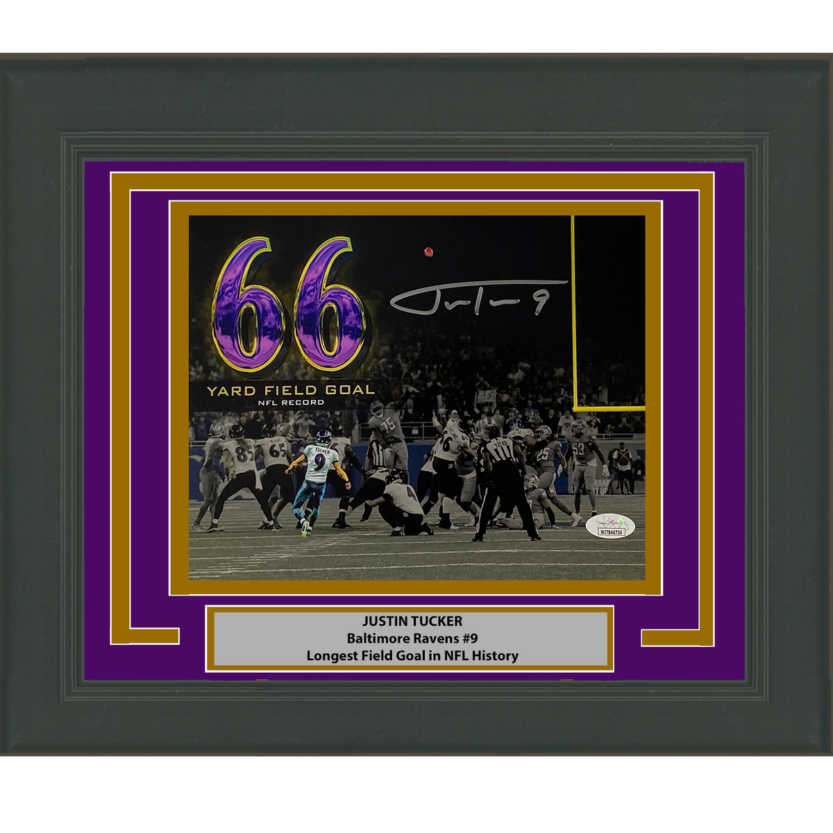 Framed Autographed/Signed Justin Tucker Baltimore Ravens 66 Yd GW FG 8x10 Football Photo JSA COA