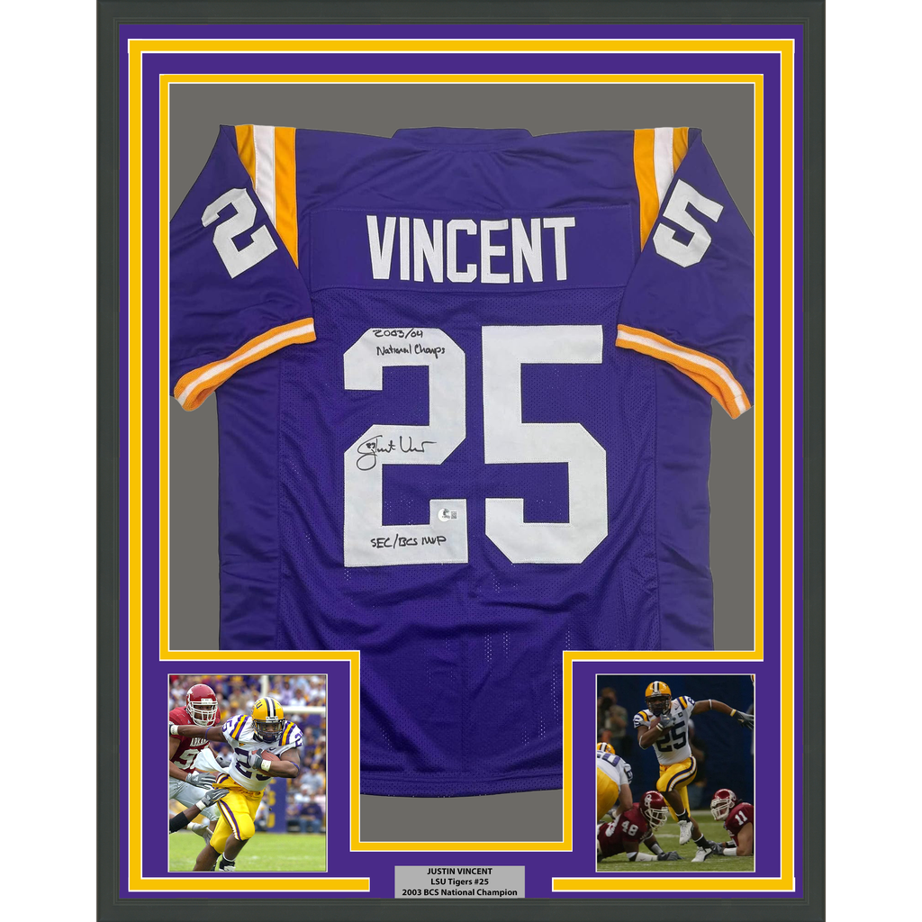 Framed Autographed/Signed Justin Vincent 35x39 LSU Purple College Football Jersey Beckett BAS COA