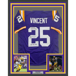 Framed Autographed/Signed Justin Vincent 35x39 LSU Purple College Football Jersey Beckett BAS COA