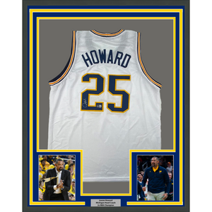 Framed Autographed/Signed Juwan Howard 35x39 Michigan White College Basketball Jersey Beckett BAS COA