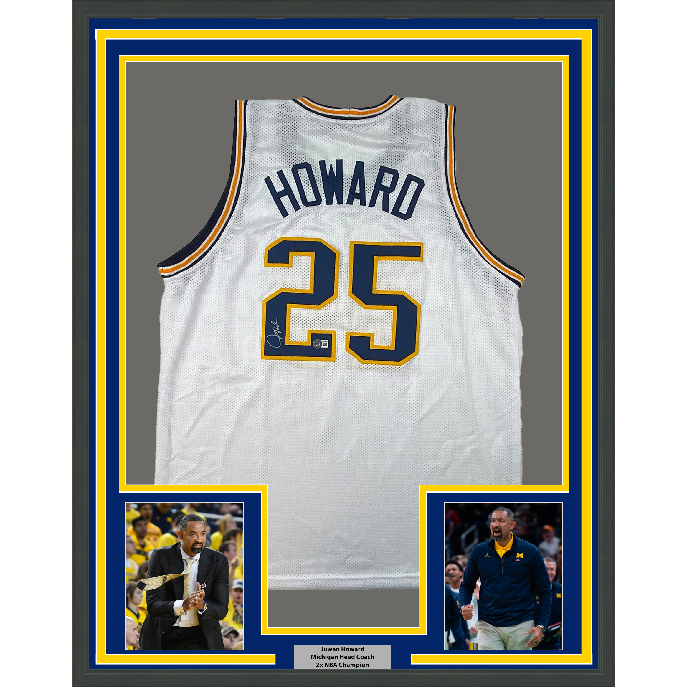 Framed Autographed/Signed Juwan Howard 35x39 Michigan White College Basketball Jersey Beckett BAS COA