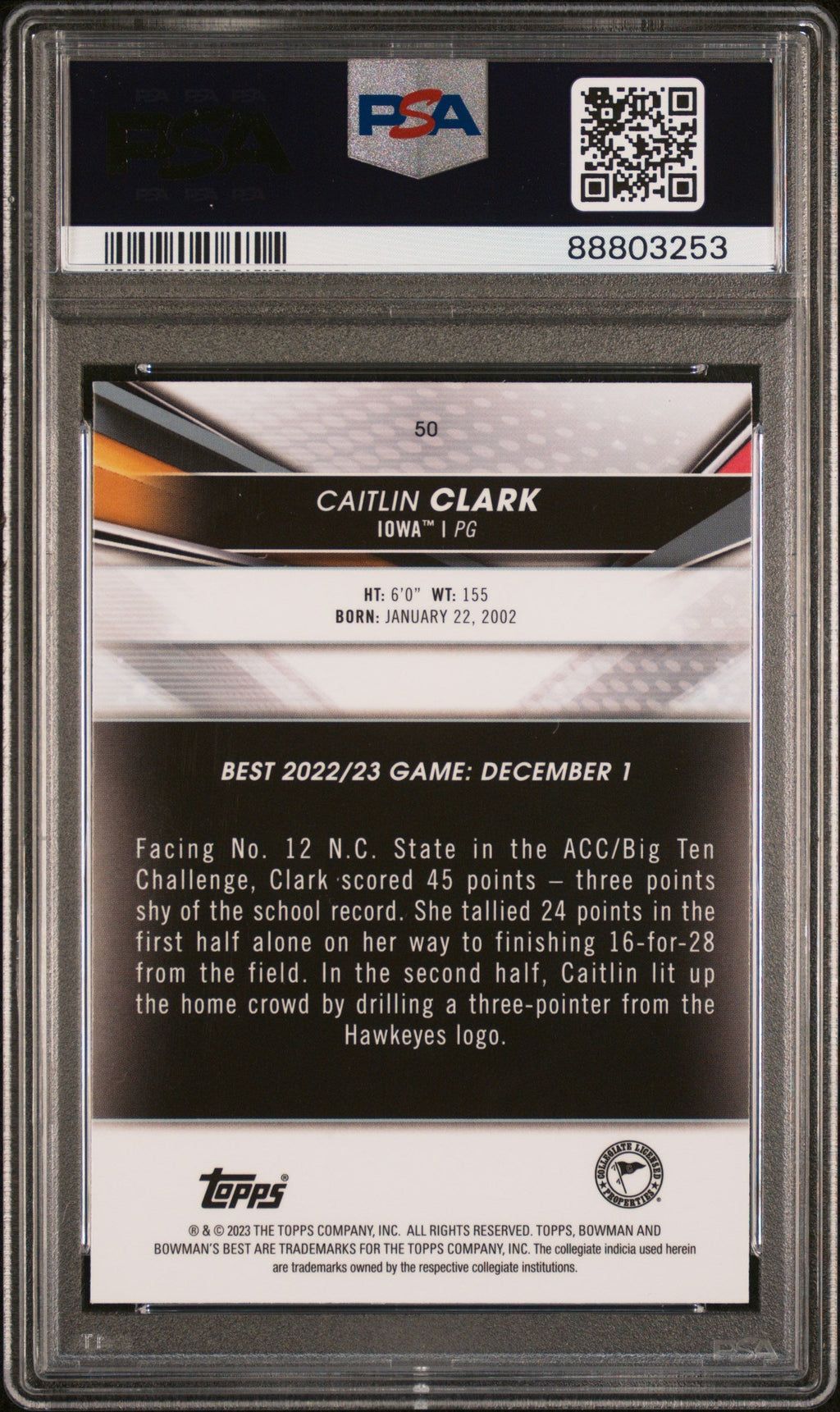Graded 2022 Topps Bowman University Best Caitlin Clark #50 Rookie RC Basketball Card PSA 8 Near Mint