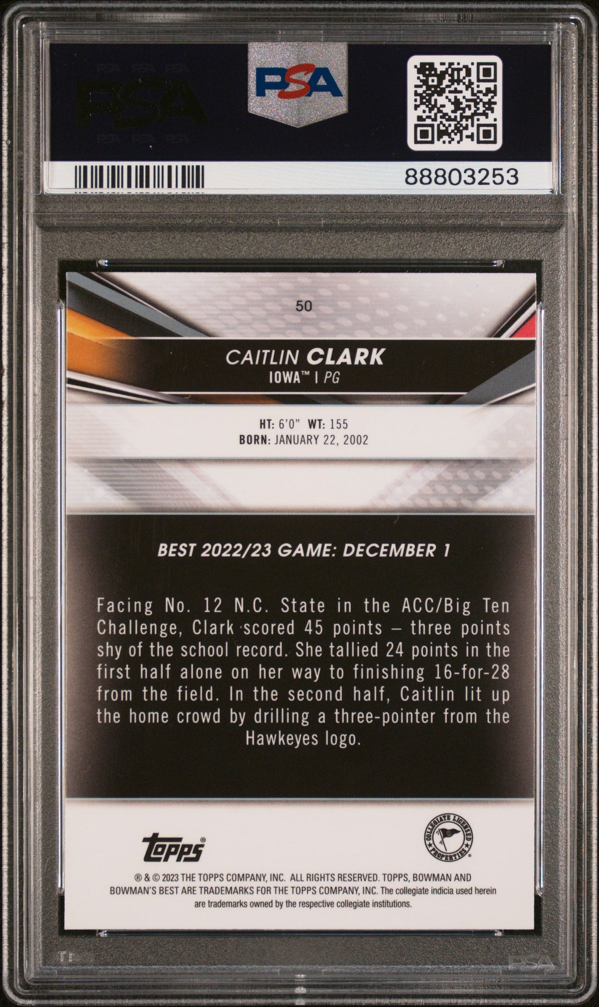 Graded 2022 Topps Bowman University Best Caitlin Clark #50 Rookie RC Basketball Card PSA 8 Near Mint
