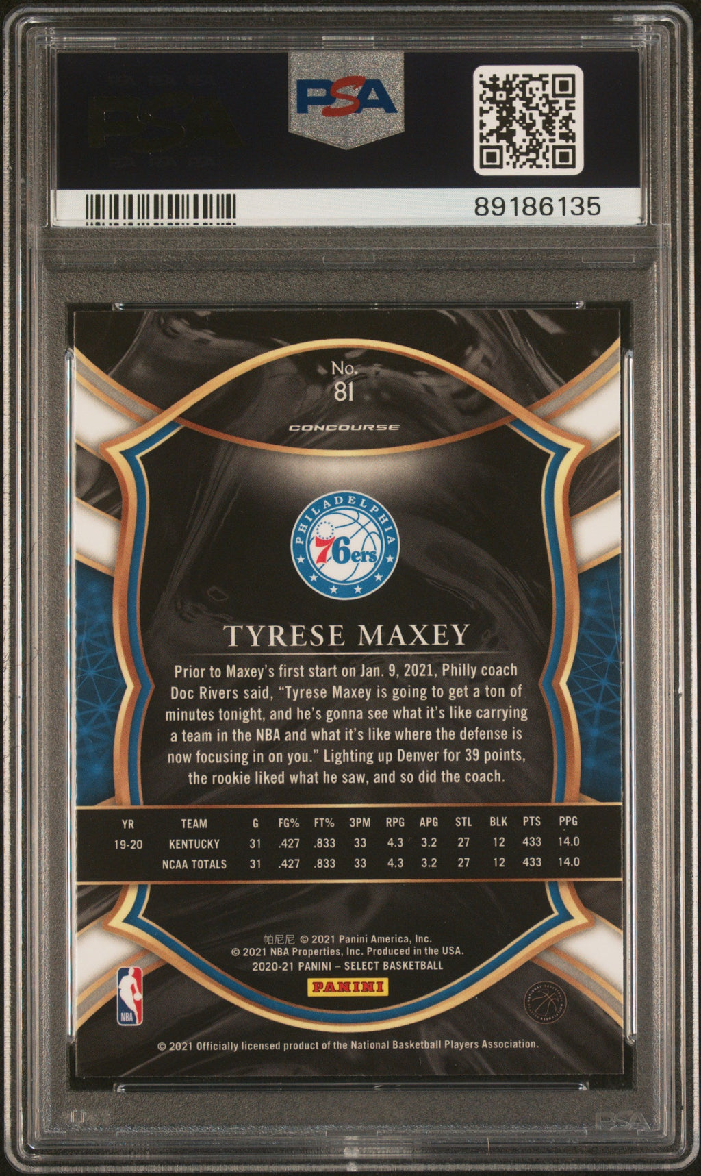 Graded 2020 Panini Select Tyrese Maxey #81 Rookie RC Basketball Card PSA 10 Gem Mint