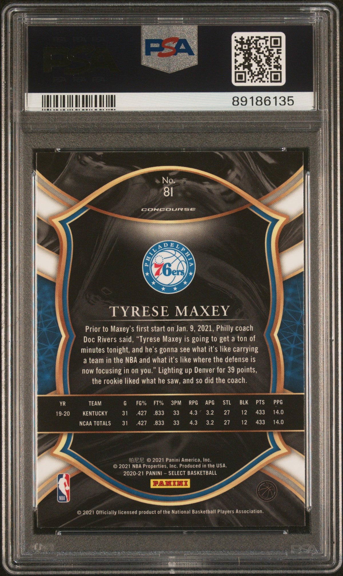 Graded 2020 Panini Select Tyrese Maxey #81 Rookie RC Basketball Card PSA 10 Gem Mint