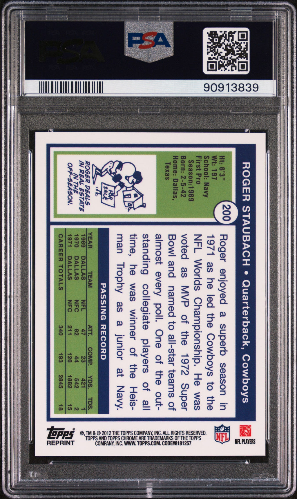 Graded 2012 Topps Chrome Roger Staubach #200 Rookie Reprint Football Card PSA 10 Gem Mint