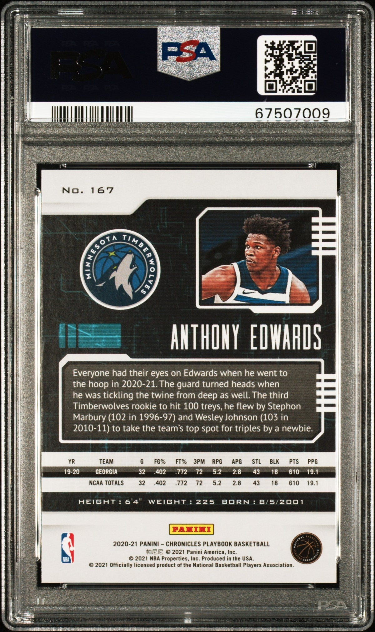 Graded 2020 Panini Chronicles Anthony Edwards #167 Rookie RC Basketball Card PSA 10 Gem Mint
