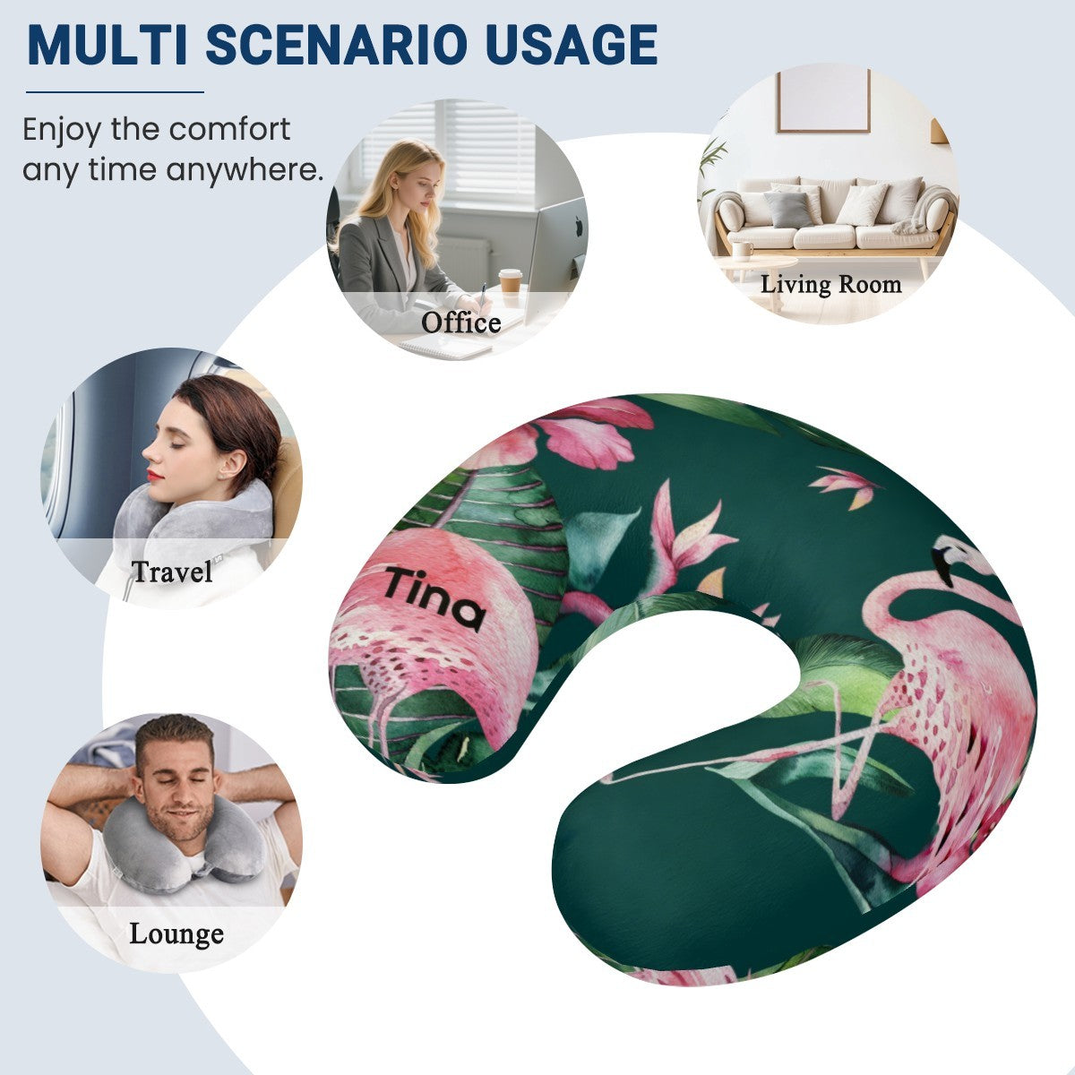 Personalized Flamingo Tropical Travel Neck Pillow | Custom Name Gift