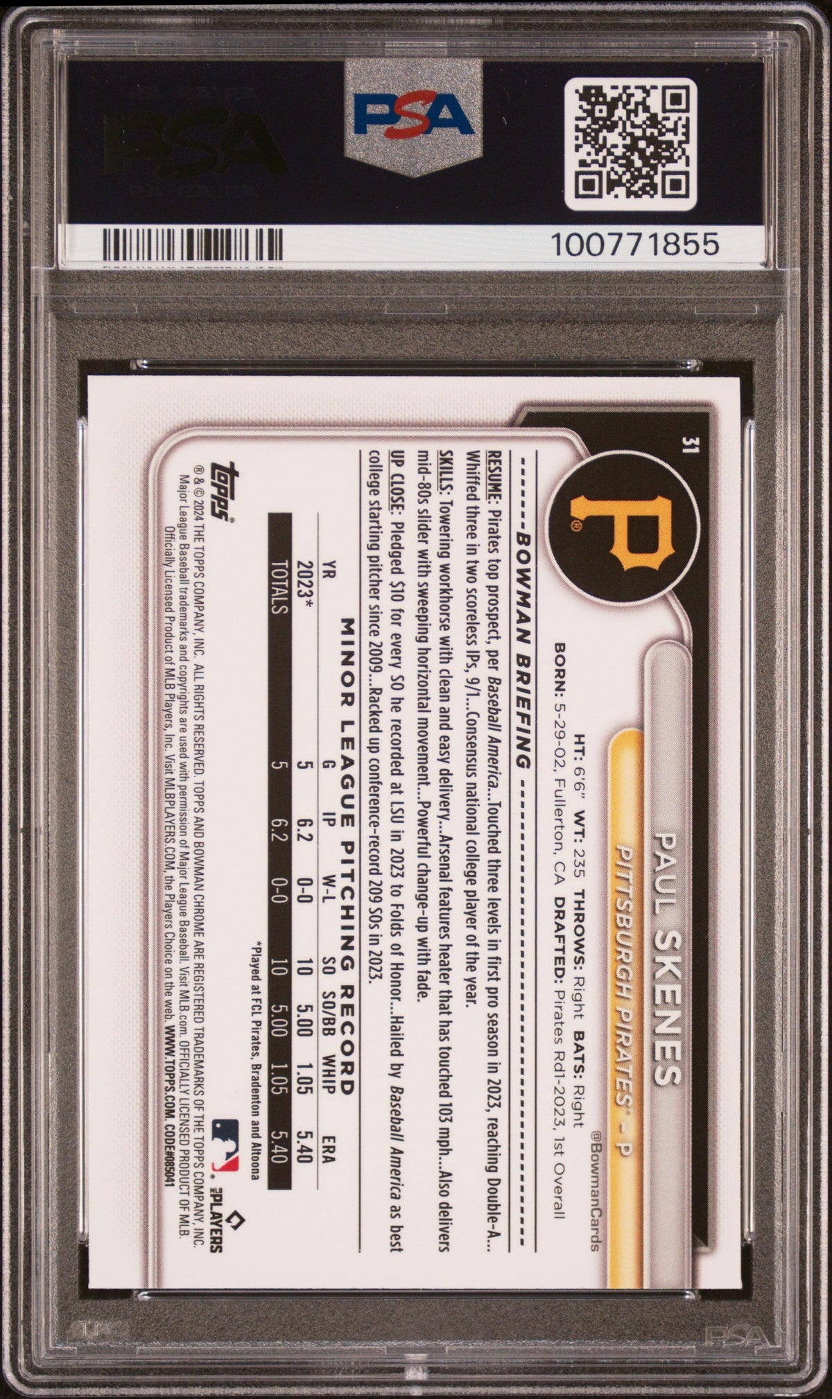 Graded 2024 Topps Bowman Chrome Paul Skenes #31 Rookie RC Baseball Card PSA 10 Gem Mint