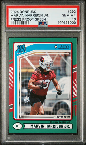 Graded 2024 Panini Donruss Marvin Harrison Jr #393 Press Proof Green Rookie RC Football Card PSA 10 Gem Mint