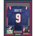 Framed Autographed/Signed Kayshon Boutte 35x39 New England Blue Football Jersey Beckett BAS COA
