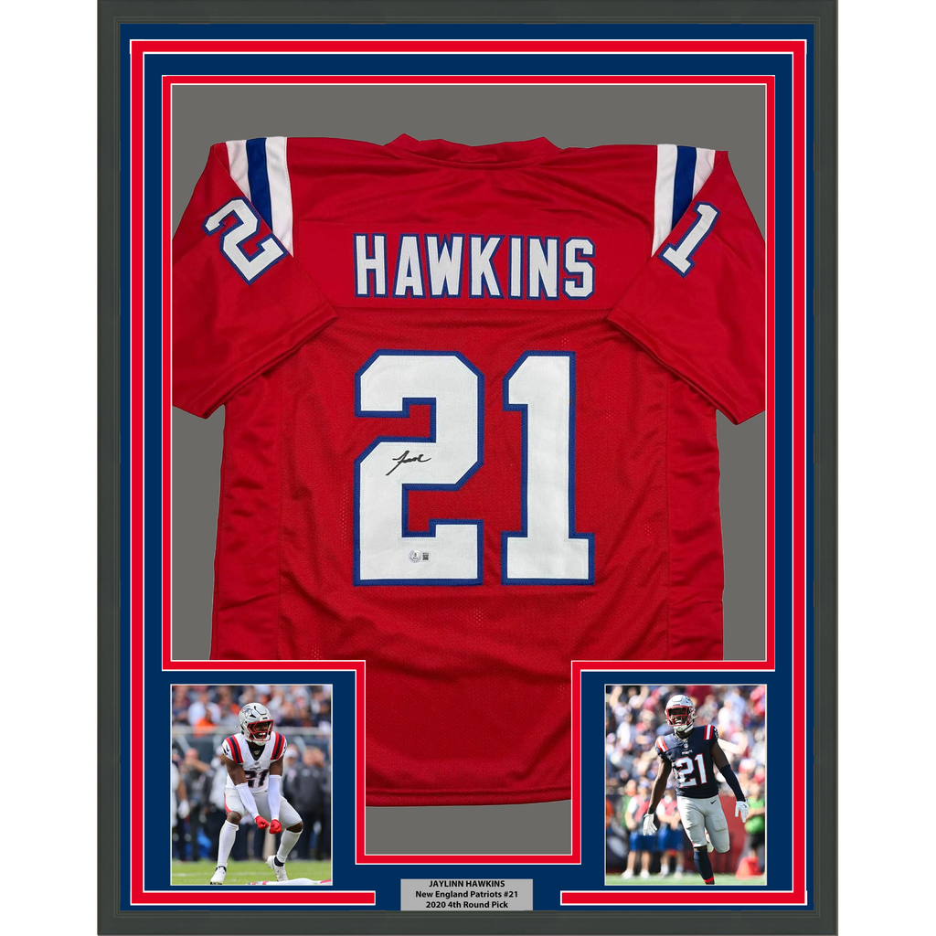 Framed Autographed/Signed Jaylinn Hawkins 35x39 New England Red Football Jersey Beckett BAS COA